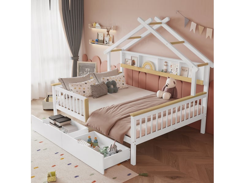 Lit cabane 140x200 cm blanc et naturel avec barrières et 2 tiroirs - Conforama D