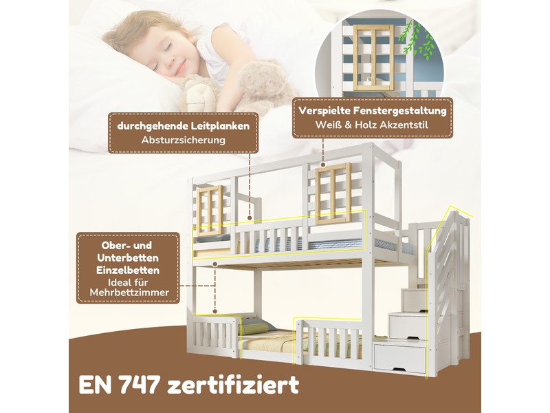  Lit superposé cabane 90x200 cm blanc avec escalier de rangement, lit enfant en bois avec fenêtres et sommier inclus  - Conforama E