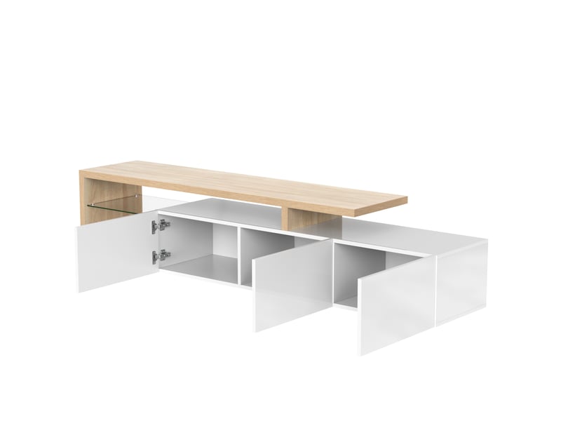  Meuble tv blanc brillant effet bois, étagères en verre, éclairage led, rangement pratique  - Conforama D