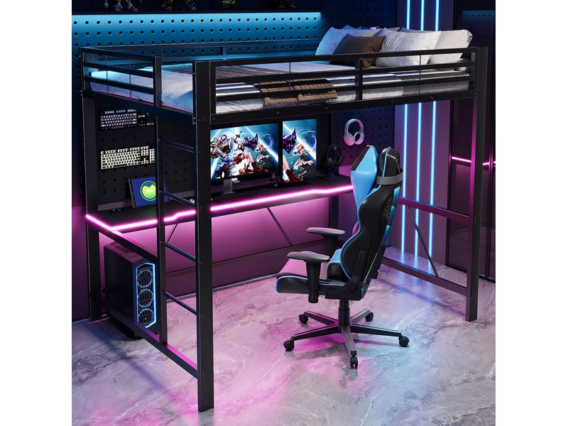  Lit mezzanine gaming 140x200 cm en métal avec bureau, led et usb, noir  - Conforama B