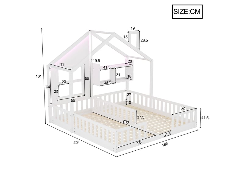  Lit simple enfant 90 x 200 cm, éclairage led, barrières de sécurité et étagères de rangement, sommier à lattes inclus, blanc  - Conforama D