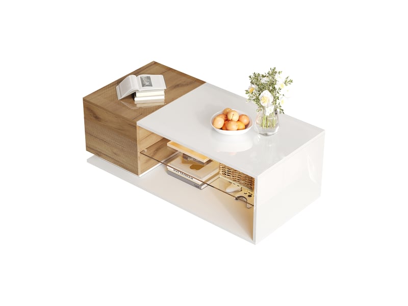  Table basse led avec contrôle par application, table de salon avec espace de rangement, 105x50x36cm, blanc et chêne.  - Conforama C