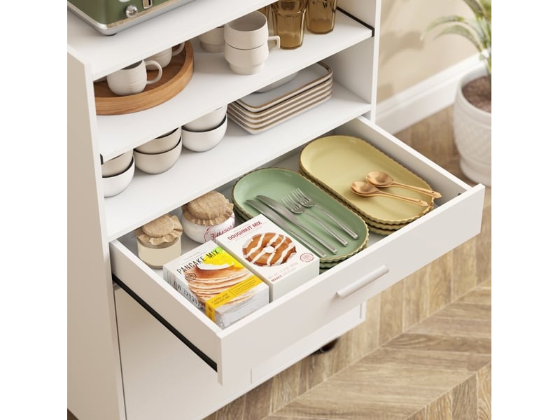  Meuble micro-ondes 59 cm – blanc – rangements multiples avec roulettes et double porte  - Conforama D