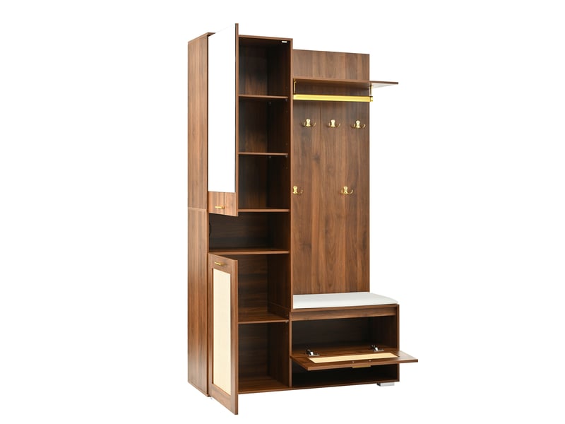  Ensemble d’entrée avec miroir, 6 patères dorées, meuble à chaussures, banc et led 16 couleurs  - Conforama D