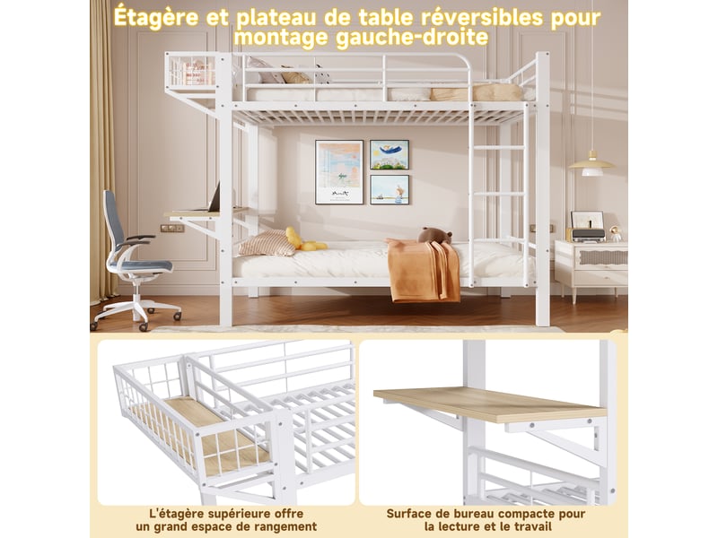  Lit superposé 2 places 90 x 200 cm avec bureau et rangement ouvert montables à gauche ou à droite, lit simple en métal blanc avec garde-corps  - Conforama E