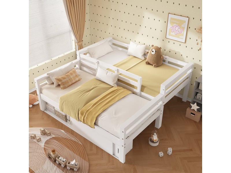  Lit superposé 90 x 200cm, séparable en 2 lits simples, rangement porte coulissante, échelle, barrières sécurité, blanc  - Conforama D
