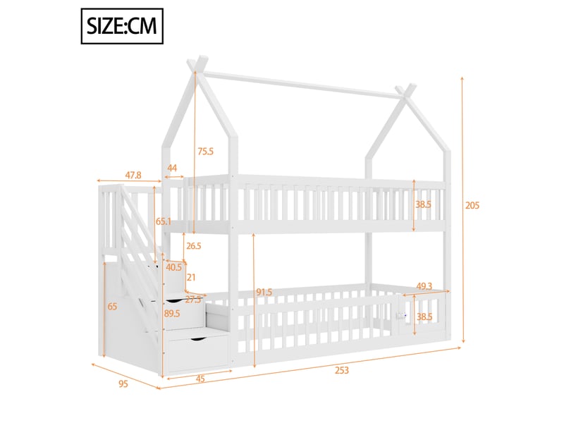  Lit superposé enfant 90 × 200 cm 2 places avec escalier sécurisé, tiroirs et toit cabane, sans matelas, blanc  - Conforama D