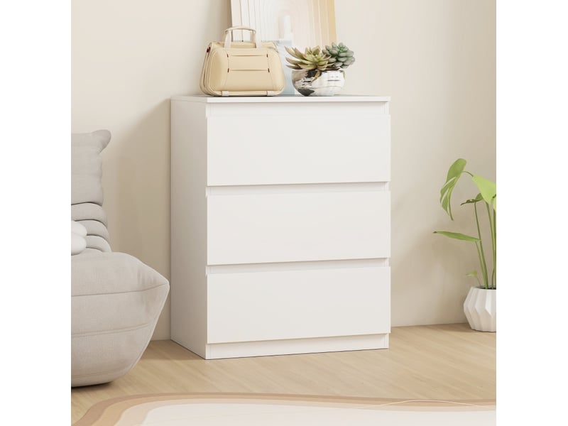Commode blanche sans poignées avec 3 tiroirs en panneaux de particules fsc, pratique pour chambre, entrée ou salon - Conforama B