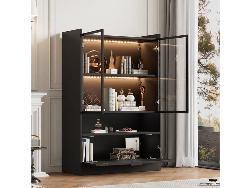 Vitrine noire mate avec éclairage led, portes en verre trempé, 120 x 80 x 35 cm, noir - Conforama E