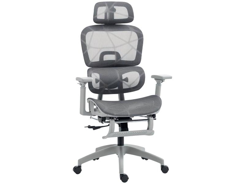  Chaise de bureau ergonomique avec revêtement en tissu mesh, réglable, mobile, avec accoudoirs et appui-tête, grise  - Conforama A