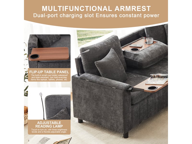  Canapé d'angle 5 places convertible en tissu chenille gris, 205×205×85 cm, pouf avec rangement, ports usb  - Conforama E