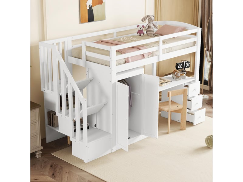  Lit mezzanine enfant 90x200 cm avec armoire, bureau et 2 tiroirs de rangement - blanc  - Conforama W