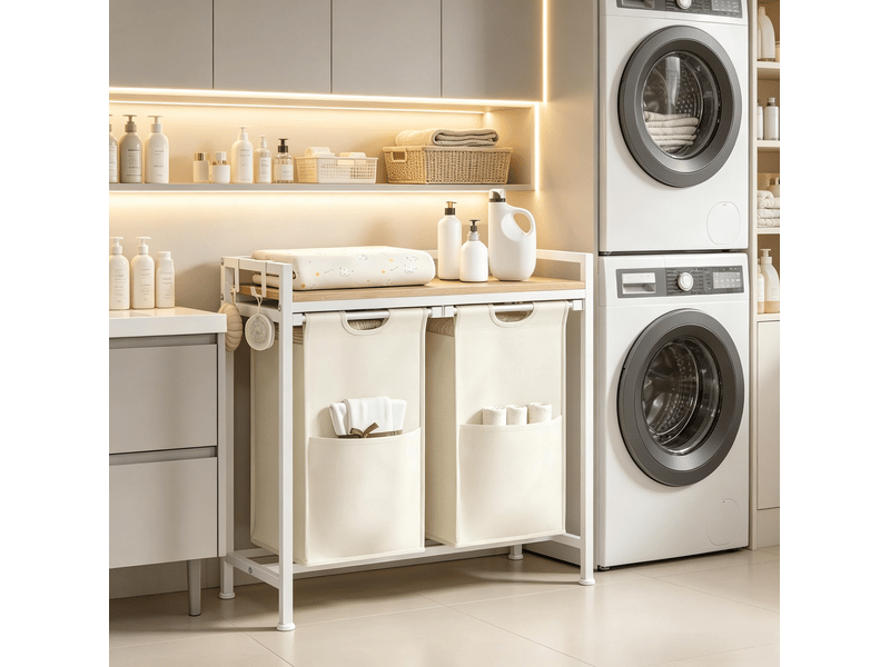  Trieur de linge à 2 compartiments avec tablette, chêne clair et blanc, 70 x 30 x 71 cm  - Conforama D