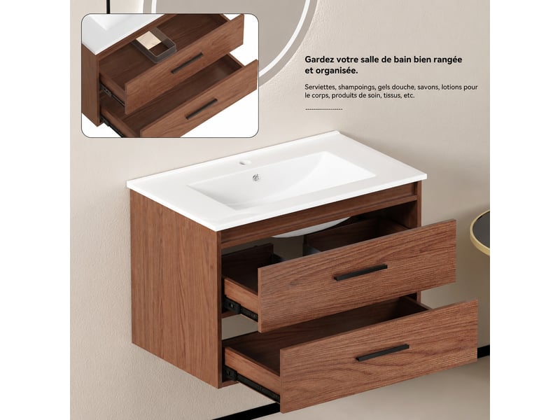  Meuble de salle de bains 75 cm brun rouge avec 2 tiroirs  - Conforama E