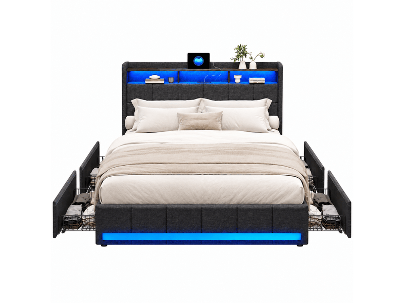  Lit 2 personnes 140x190 avec led, lit double rembourré avec 4 tiroirs de rangement cadre de lit capitonné avec usb et tête de lit pour adultes et adolescents lin gris, sans matelas  - Conforama A