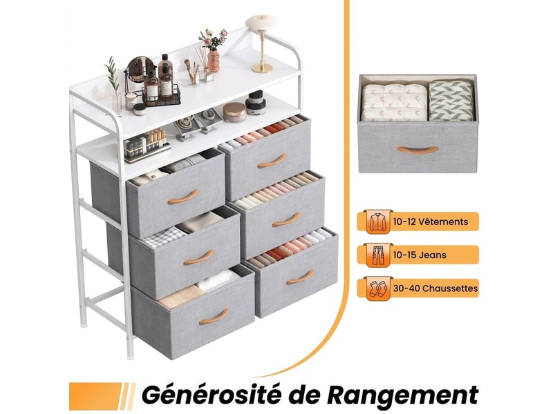  Meuble chiffonnier 83x30x97 cm six tiroirs tissu et etagere ouverte blanc moderne  - Conforama B