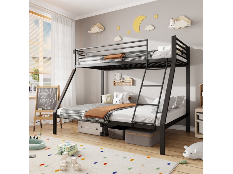  Lit superposé 90x200140x200 cm, garde-corps, échelle réversible, sommiers à lattes, métal noir sans matelas  - Conforama D