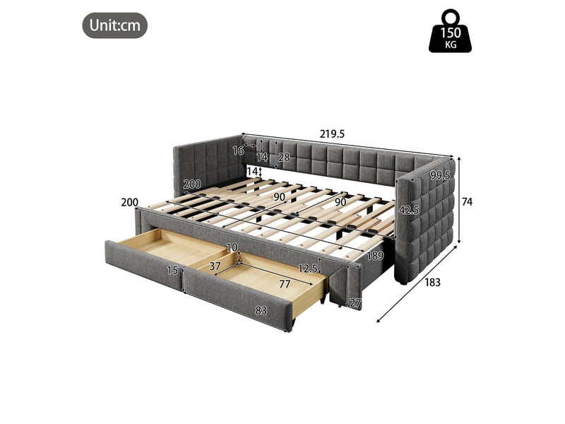  Lit banquette 90x200 extensible 180 velours gris avec 2 tiroirs  - Conforama C
