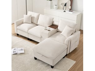 Canapé d'angle convertible 4 places en velours côtelé beige, console usb, pouf coffre pour le salon