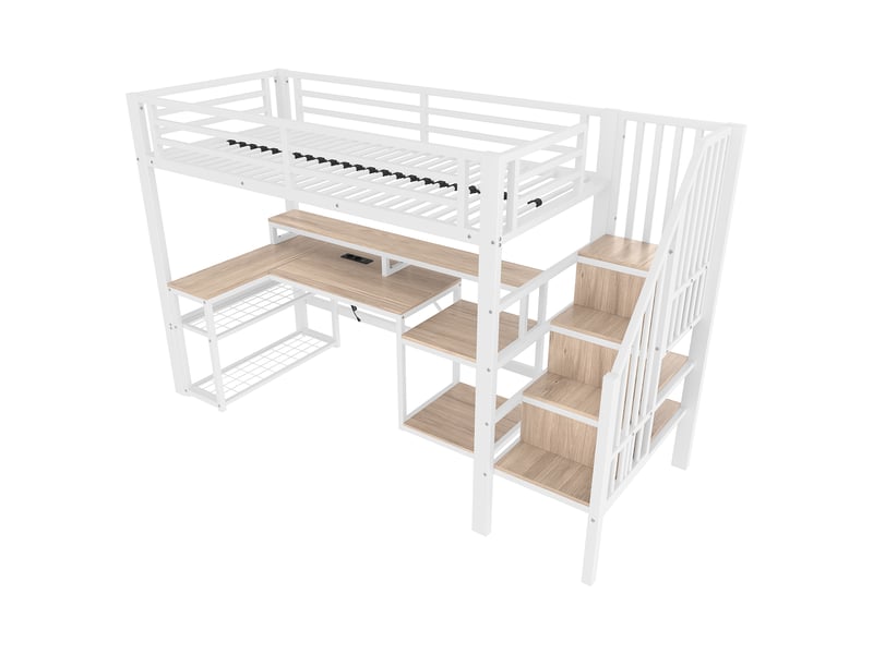  Lit mezzanine avec bureau, escalier rangement, led et usb, métal blanc, 90x200 cm, sans matelas  - Conforama E