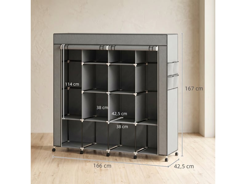  Armoire en tissu 2 tringles 10 compartiments à roulettes gris 166 x 42,5 x 167 cm  - Conforama C