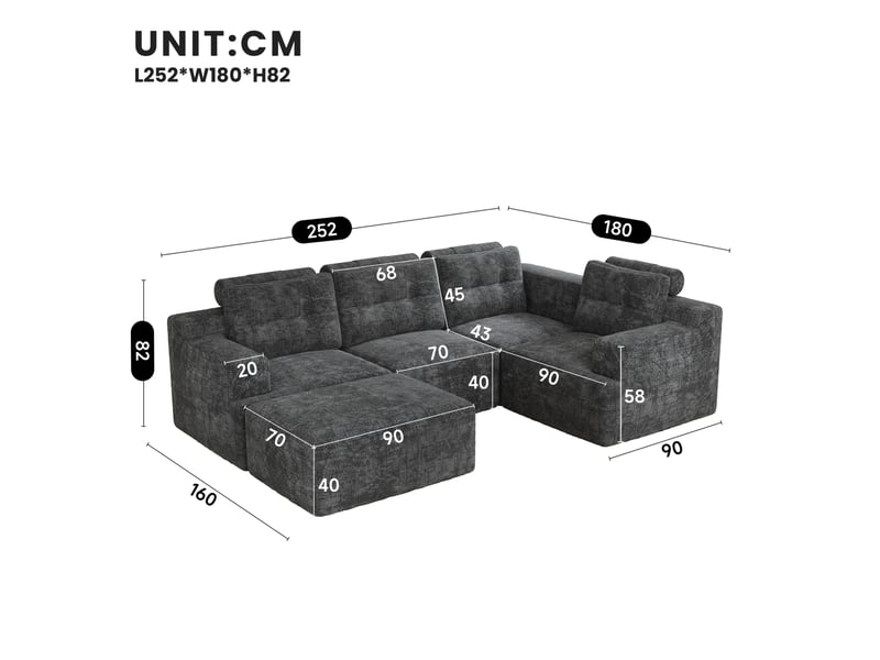  Canapé modulaire 5 places en chenille gris avec pouf, configuration u ou l  - Conforama C