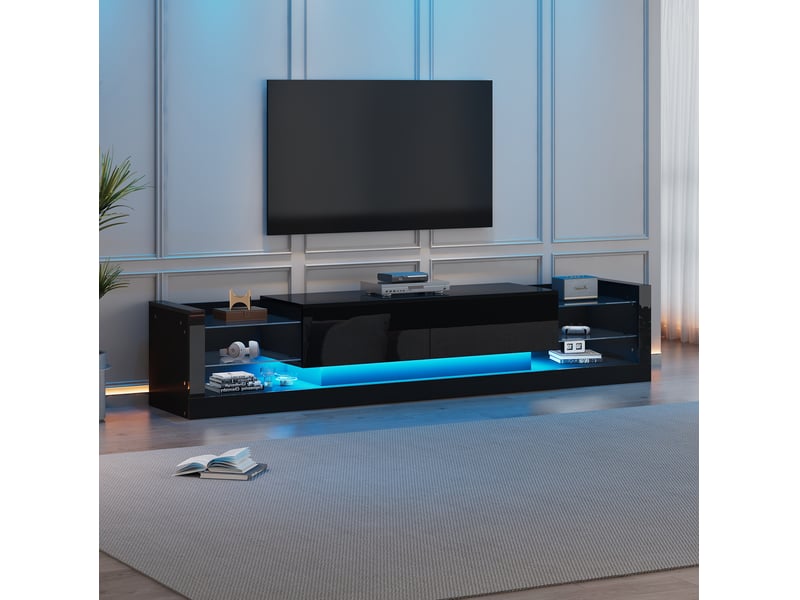  Banc tv modenvie 181 x 38 x 38 cm avec led, façade en verre et 2 tiroirs abattants noir  - Conforama E