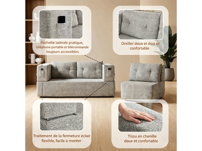  Fauteuil convertible modulaire gris clair tissu canapé lit d'appoint pliable avec rangement  - Conforama W