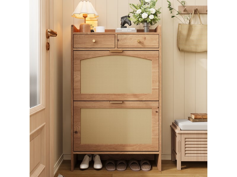  Meuble à chaussures étroit rotin 2 portes et tiroirs, armoire rangement entrée aspect bois 65x25x106cm  - Conforama E