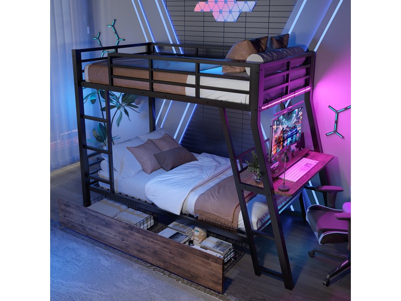  Lit superposé 90x200 cm avec bureau, 2 tiroirs et led réglable, structure en métal noir et mdf, sans matelas  - Conforama D