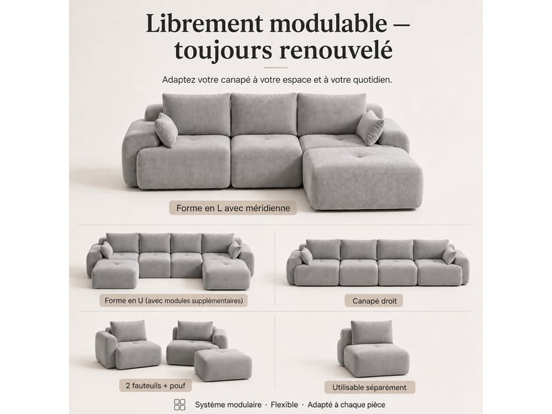 Canapé modulaire à compression, en tissu velours - Conforama E