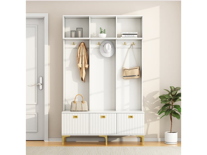  Portemanteau moderne avec banc intégré et 6 patères dorées - meuble d’entrée multifonction avec rangement pratique - blanc - 120x40x191 cm  - Conforama B