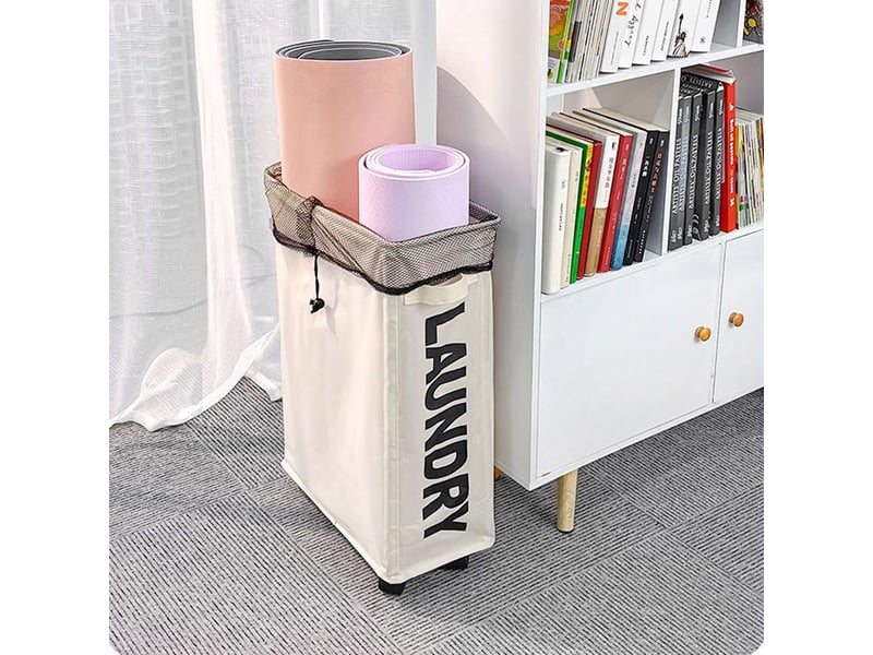  Panier à linge pliable 42l avec roulettes et poches latérales, beige, pour coins étroits, 39 x 19 x 57 cm  - Conforama D