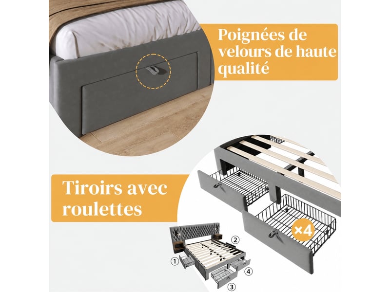  Lit double 160x200 cm, 4 tiroirs, 2 chevets, liseuses et usb, velours gris  - Conforama E
