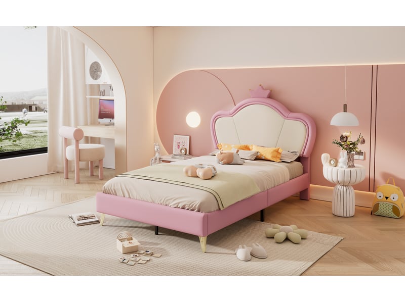  Lit enfant 90x200 cm blanc et rose en pu avec tête de lit rembourrée couronne et pieds métalliques Sol Morn - Conforama E