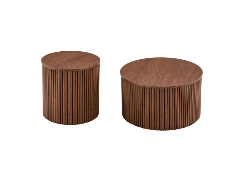 Lot de 2 tables basses gigognes rondes, mdf effet noyer, rangement intégré, design colonne romaine - Conforama A