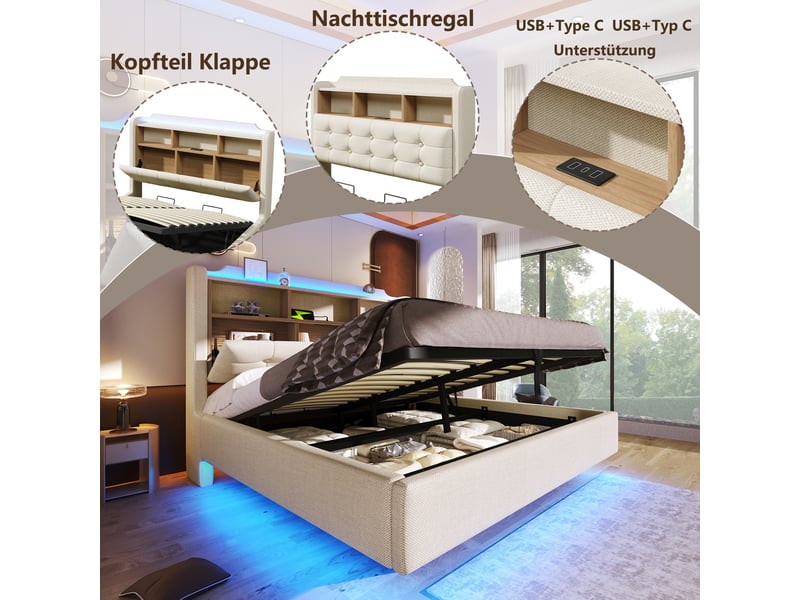  Lit capitonné 140 × 200 cm, beige, sans matelas, led, coffre hydraulique, usb type-c, lin  - Conforama E