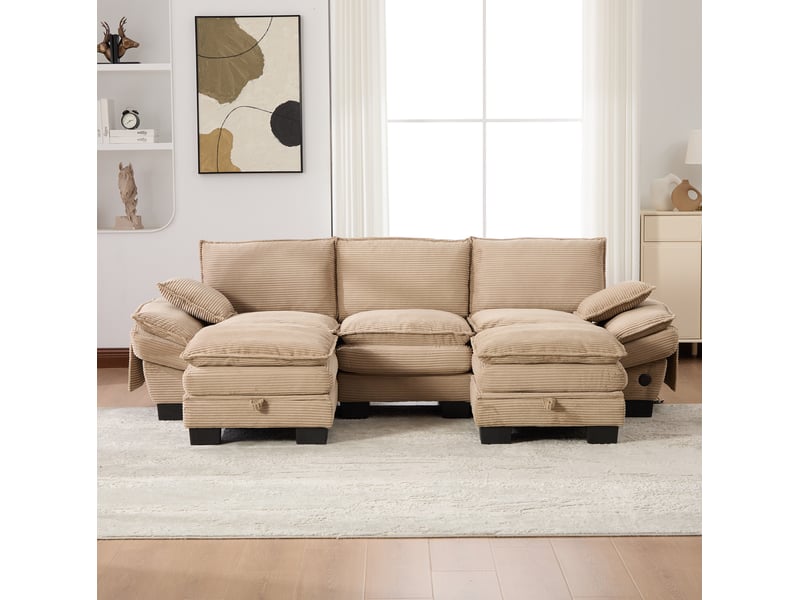  Canapé modulable 3 places en velours côtelé kaki avec 2 poufs de rangement et usb-c pour le salon au quotidien  - Conforama B