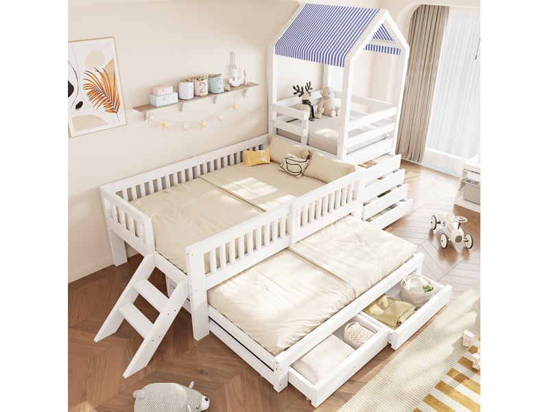 Lit enfant mezzanine 90x200 cm avec lit gigogne, rangements et échelle, blanc  - Conforama B