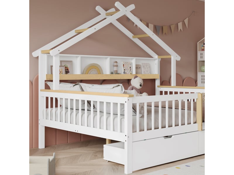 Lit enfant en pin et mdf blanc ou naturel 140x200cm avec toit, barrière, étagère 2 m et 2 tiroirs à roulettes  - Conforama C