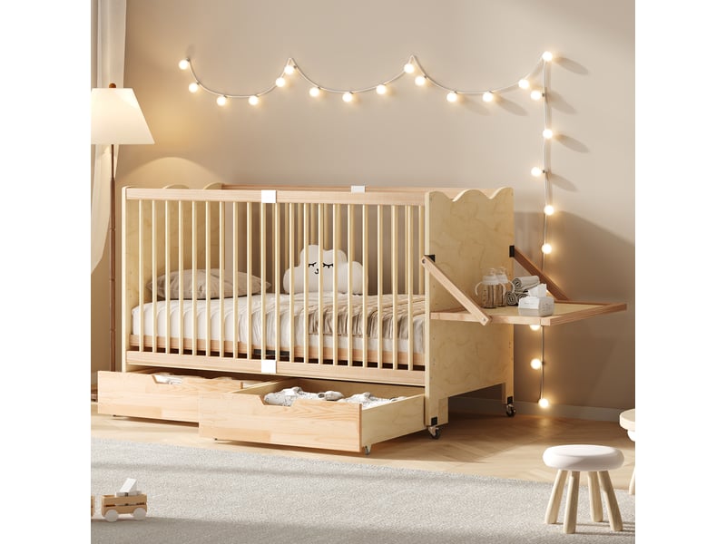  Lit bébé à barreaux avec tiroirs, roulettes, table à langer et sommier réglable en bois naturel  - Conforama C