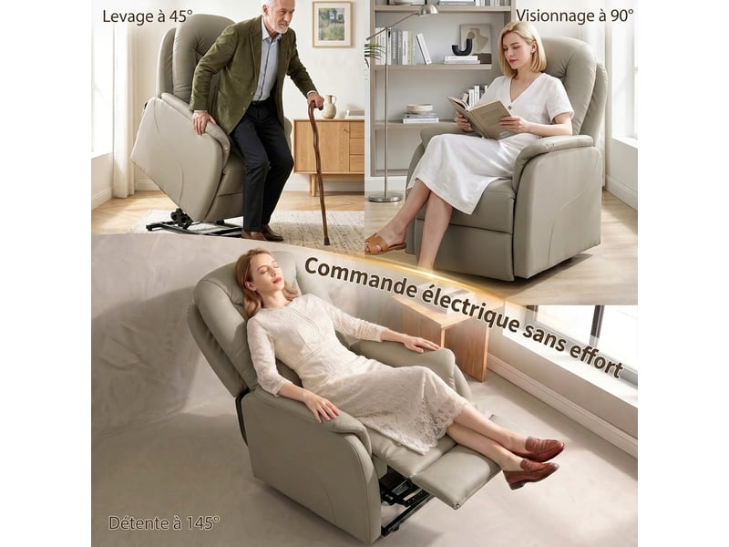  Fauteuil releveur électrique massage vibration et chaleur, fauteuil relax électrique en pu, dossier inclinable, gris  - Conforama E