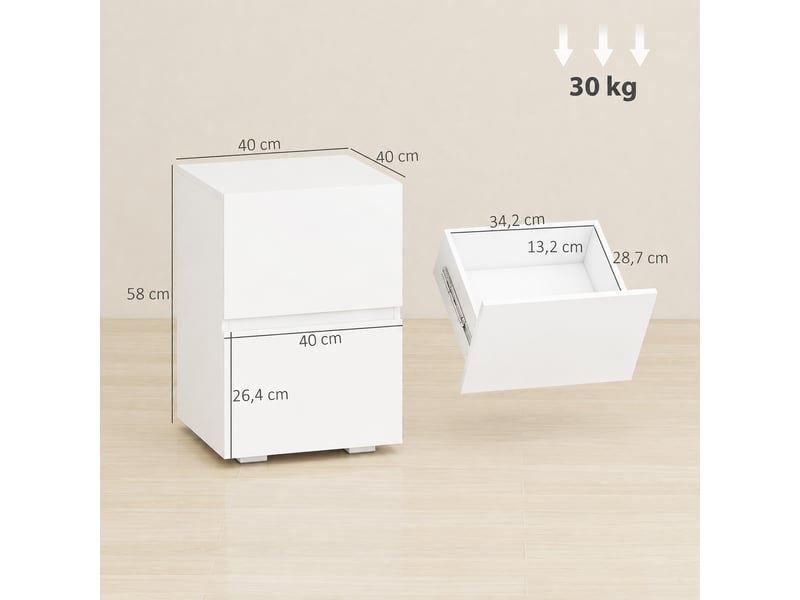  Lot de 2 tables de chevet, tables d'appoint avec 2 tiroirs, façades à haute brillance, plateau large, 40x40x58cm, blanc  - Conforama E