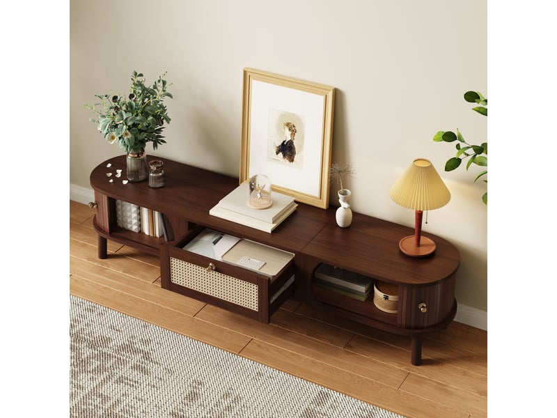  Meuble tv bois massif et rotin 170 cm avec portes coulissantes et tiroirs, style rustique naturel  - Conforama D