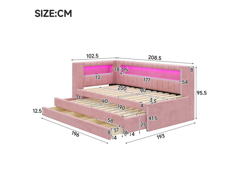  Lit banquette simple 90×200 cm, lit gigogne, 3 tiroirs, led réglable et usb - okmyhome- rose, sans matelas  - Conforama D