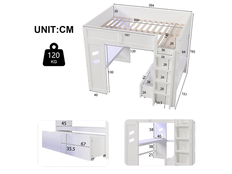  Lit mezzanine 140x200 cm coloris blanc led pin lit enfant blanc - Conforama C