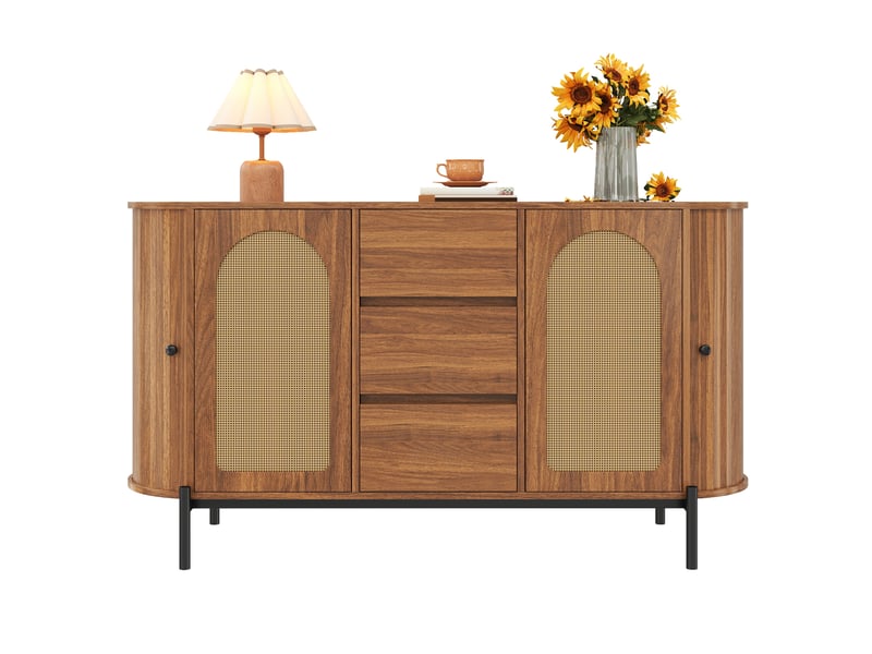 Buffet bas ovale 140x38x77,5 cm, portes coulissantes et rotin, 3 tiroirs, mdf, pieds métal, noyer - Conforama A