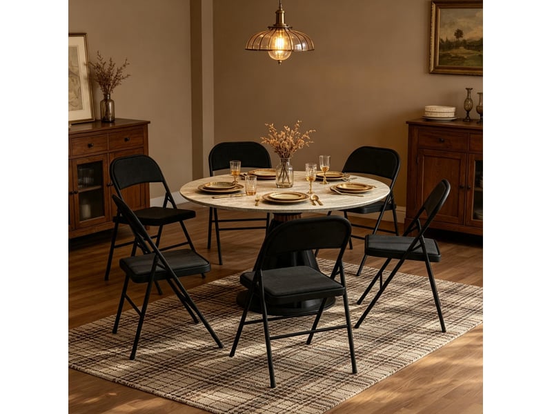  Chaises de salle à manger pliantes, lot de 6 avec assise rembourrée, en acier et tissu polyester noir  - Conforama B