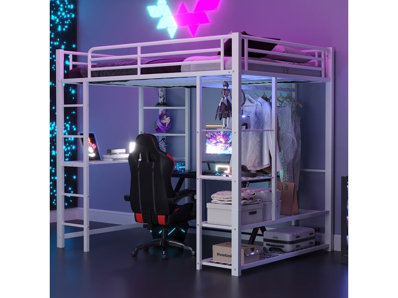  Lit mezzanine double 200×140 cm avec bureau, penderie et étagères, sans matelas, en métal blanc  - Conforama C