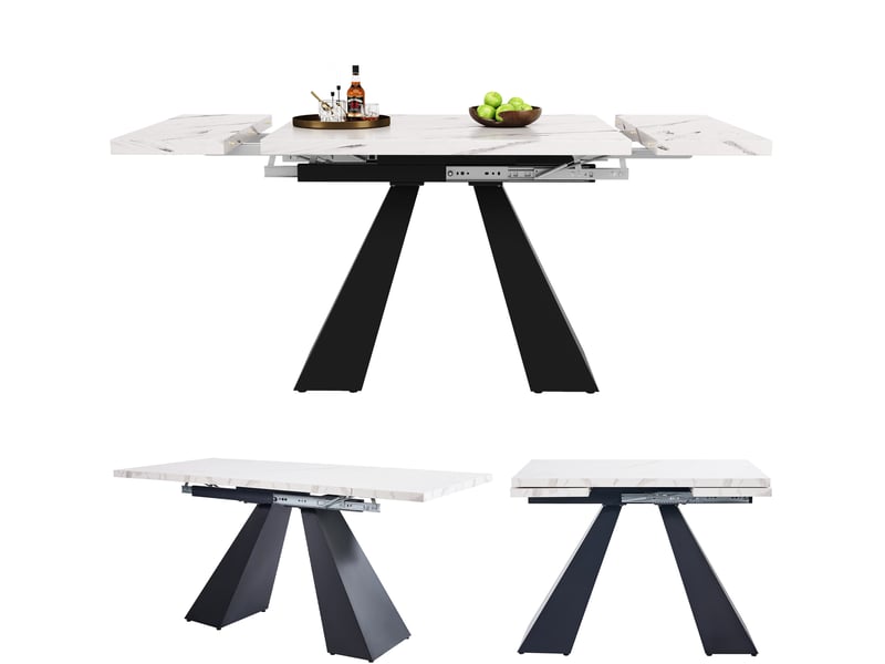  Table extensible (99)159×74x77cm, pieds en colonne, surface à motif marbre (non en marbre), mdf, métal, blanc et noir  - Conforama E